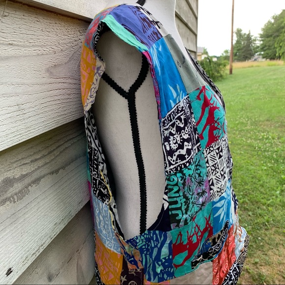 Vintage 80s Blue Handmade Abstract Patchwork Print Sleeveless Button Down Vest - Picture 13 of 16